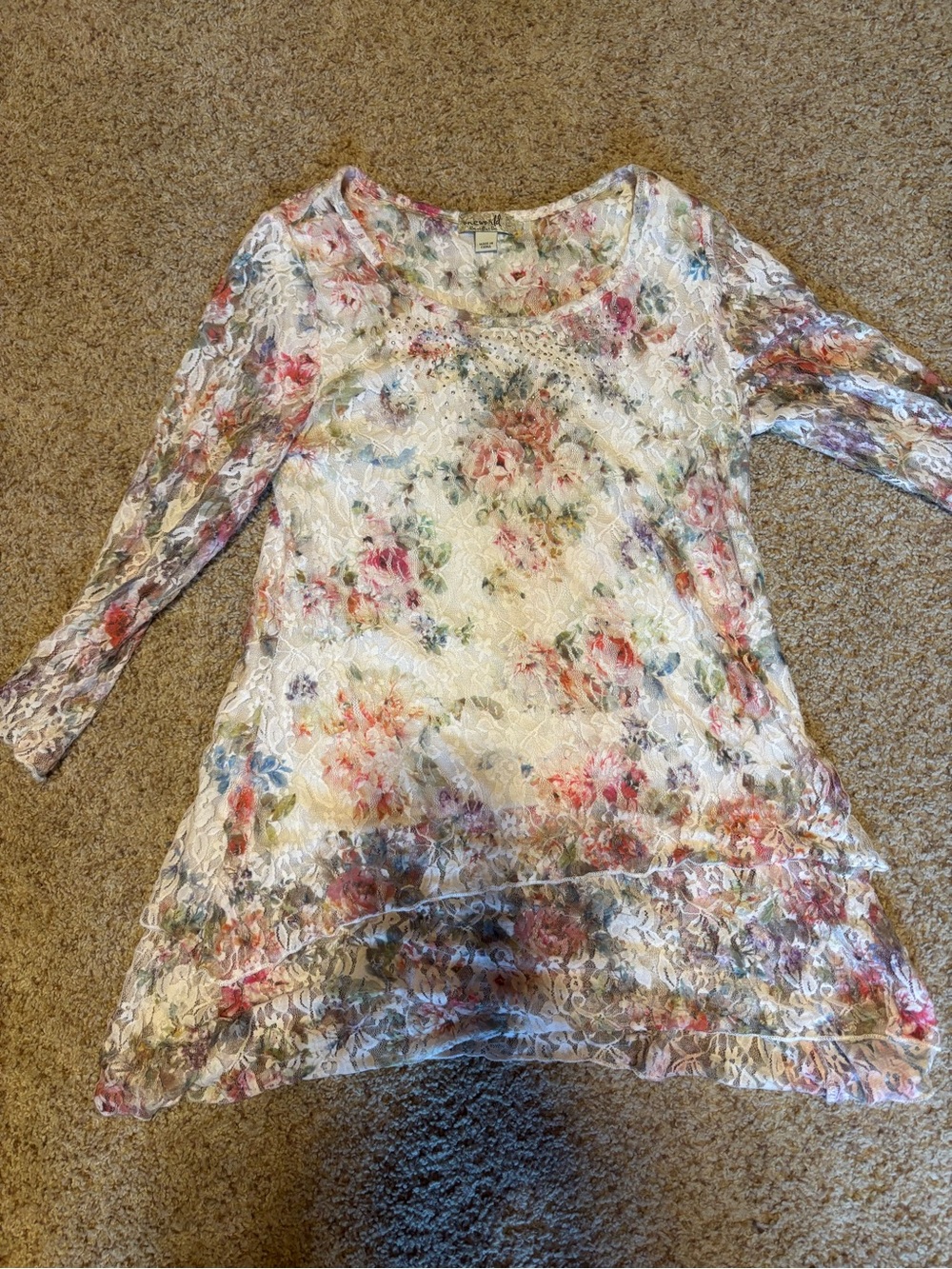 ONE WORLD Cream Floral Lace Overlay Tunic with Pastel Blooms
